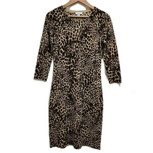 Calvin Klein Dress S Black Tan Leopard Animal Print Soft Knit 3/4 Sleeve Stretch